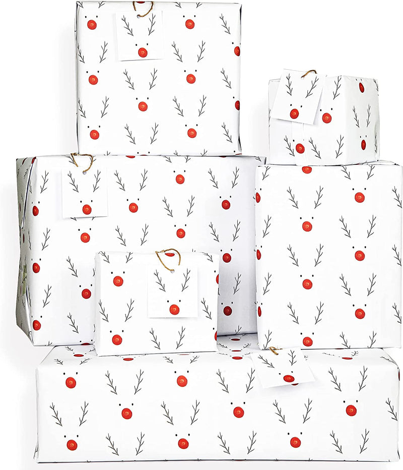Set of 10 Rudolph Christmas Gift Wrapping Paper Sheets with Tags - Eco Friendly, Made in UK, 100% Recyclable -Designed for Women Men and Children by The Doodle Factory