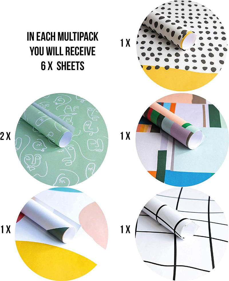 Designer Trendy Wrapping Paper Gift Wrap Multipack (6) x Sheets High Quality Kraft Folded Paper with Matching Tags - Geometric Art Design by The Doodle Factory 100% Recyclable Paper Made in The UK