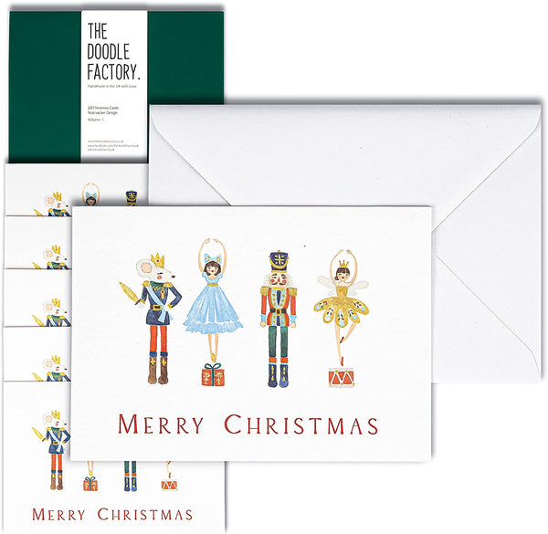 20 Nutcracker Christmas Cards and Envelopes Box Set - Eco Friendly, Made in UK, 100% Recyclable -Designed for Women, Men and Children by The Doodle Factory