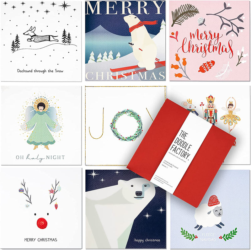 10 Unique Christmas Cards and Envelopes Multipack Box - Eco Friendly, Made in UK, 100% Recyclable - Designed for Women Men and Children by The Doodle Factory