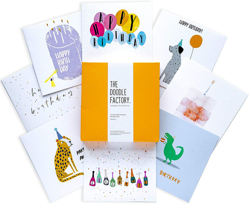 10 Birthday Cards Multipack | Eco Friendly Made in The UK on 100% Recyclable Paper | The Doodle Factory Birthday Cards for Women Men and Children Designed and Made in The UK