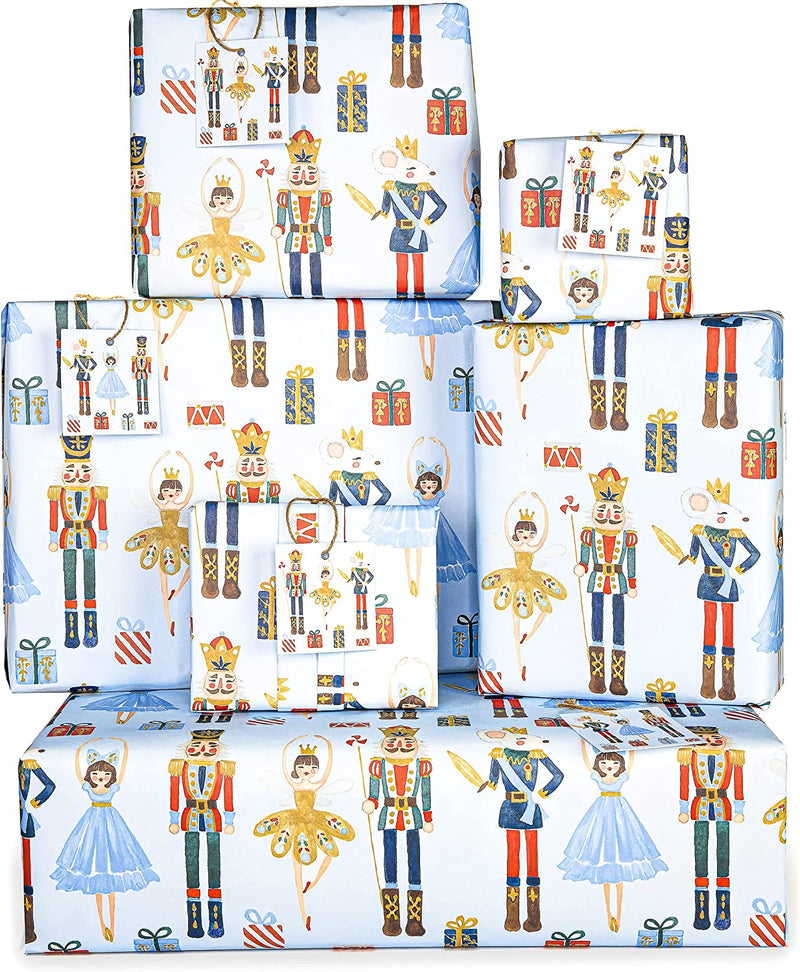 Set of 10 Nutcracker Christmas Gift Wrapping Paper with 6 Tags - Eco Friendly, Made in UK, 100% Recyclable -Designed for Women Men and Children by The Doodle Factory