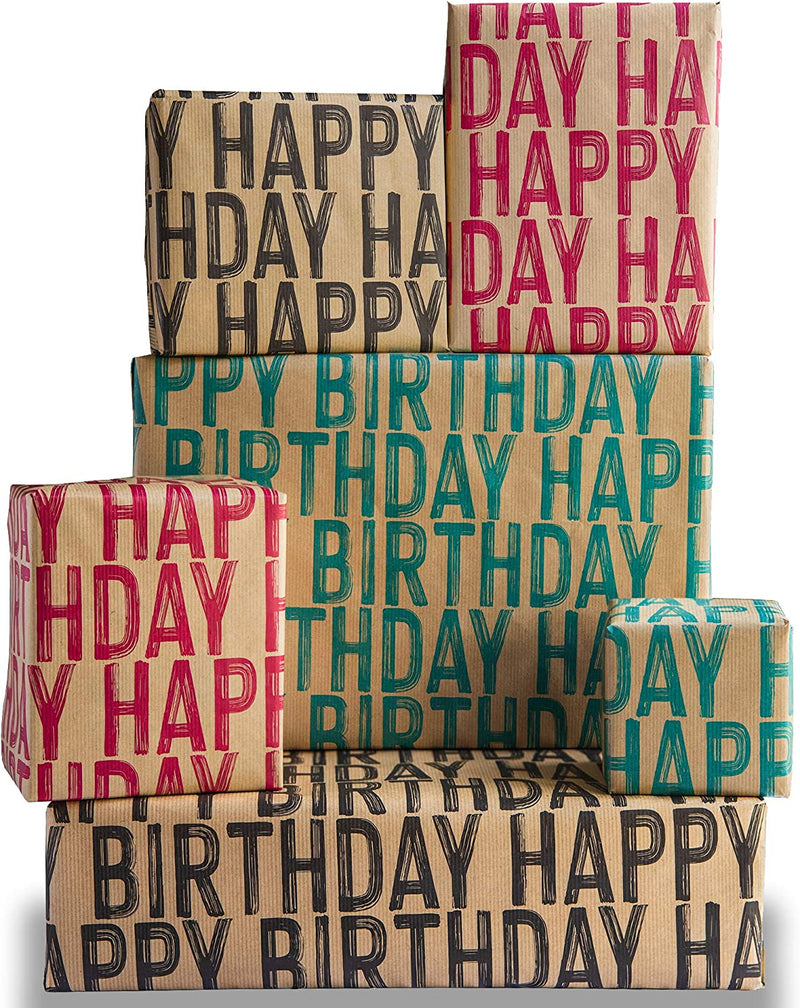 Birthday Kraft Brown Wrapping Paper Multipack (6) x Sheets Premium Quality Kraft Folded Paper Happy Birthday Design by The Doodle Factory